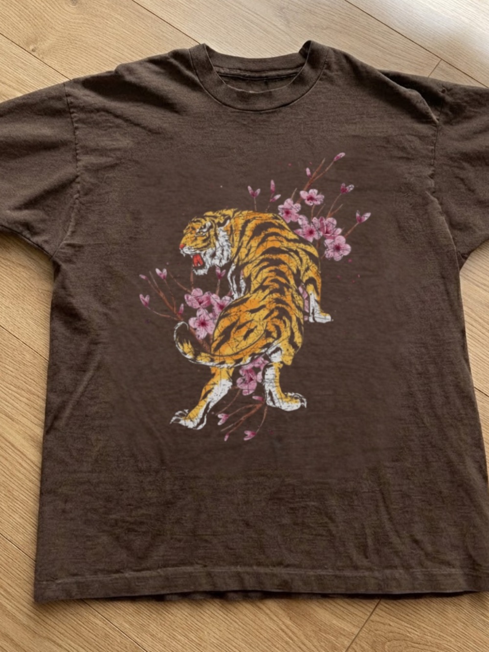 Gildan Men's Dark Chocolate Tiger and Cherry Blossom Graphic Tee